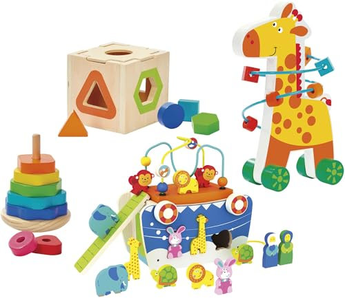 Leomark - Juego educativo de madera - Arca de Noé & Feliz jirafa juguete educativo de madera para niños, juguetes sensoriales, juegos creativos y educativos, Montessori, aprender divertido, multicolor