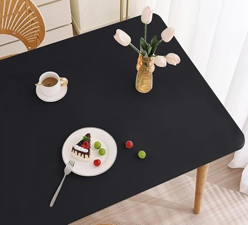 Elastische Tischdecke Rechteckig - Abwischbar Wasserdicht mit Gummizug, Leder/PU Tischhusse für Küche Terrasse Outdoor Tischdekoration(Black,80 X 150 cm)
