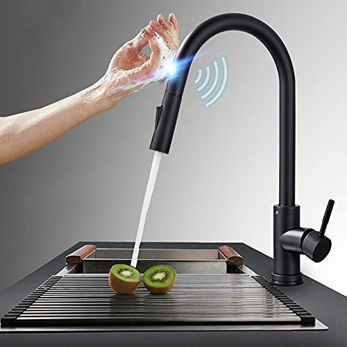 Robinet mitigeur d'évier de Cuisine Noir avec douchette extractible Robinet à Induction Intelligent en Acier Inoxydable Robinet de Cuisine à Commande Tactile Facile à Installer Conception AC