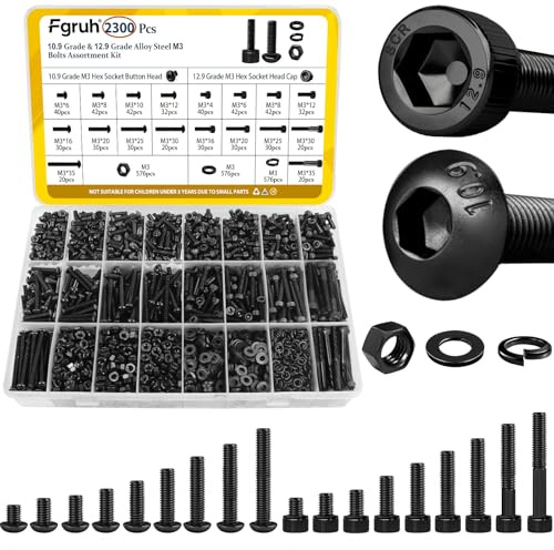Fgruh 2300PCS M3 Screws with Nuts Assortment Kit, M3x4/6/8/12/16/20/25/30/35 mm Hex Socket Button & Cap Head Bolts Nut and Washers Set, 12.9 & 10.9 Grade Black Zinc Plated for DIY, 3D Printer