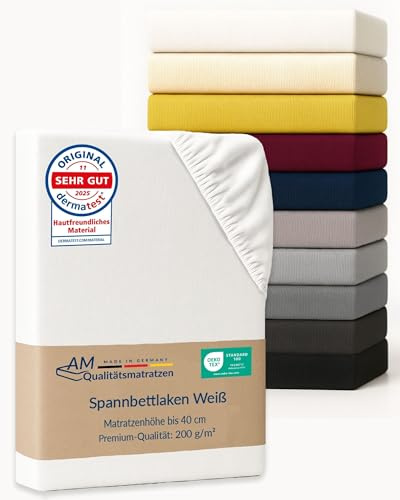 AM Qualitätsmatratzen Premium Spannbettlaken 300x200 Familienbett in Weiß - Made in Germany - Oeko TEX zertifiziertes Spannbettlaken für Familienbett Baumwolle (200gsm) - 40 cm hoch - Jersey