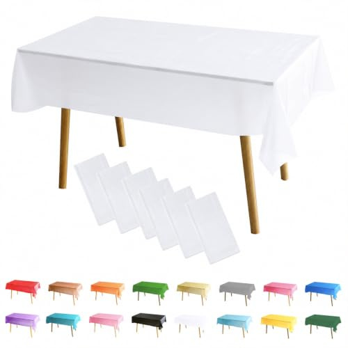MOMAHUA 6 Packs Blanc Nappes,137x274cm PEVE Nappe de Table Rectangulaire,Nappes Imperméables pour Fête Anniversaire,Picnic,Exterieur,Jardin,Mariage,Noël,Halloween