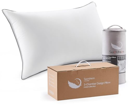 Swandream Goose Feather and Down Bed Pillow Standard Size Single Pack, Luxury 3-Chamber Pillows with Soft & Down-Proof Cover, Fluffy Plush Hotel Pillow for Side, Back & Stomach Sleepers