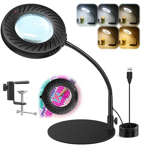 Akynite 12x Lupenlampe mit Licht und Klemme, 2A Adapter enthalten, LED Lupe mit Licht für Tisch, 5 Farben & 9 Helligkeit, dimmbare Lupelampe für Nageldesign Nail Art Diamantmalerei