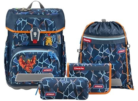 Step by Step Schulranzen Cloud schleich® Eldrador Creatures „Lava Dragon“ | Set 5-teilig, blau-grau-orange, höhenverstellbar mit Easy Belt für Kinder ab der 1. Klasse, 19L