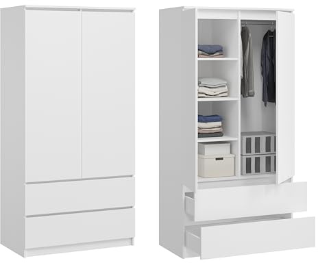 BDW Monia Kleiderschrank mit 2 Türen und 2 Schubladen, Matt, 4 Einlegeböden, Metallrollenführungen, Für Schlafzimmer, Garderobe, Büro (Weiß, 180x90x50)
