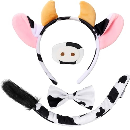 Qnvyw 4-teiliges Kuh Kostüm Set mit Hörner Headband, Nase, Fliege & Schwanz – Lustiges Tierkostüm für Damen & Herren – Ideal für Halloween, Karneval & Mottopartys
