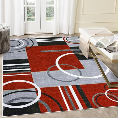 Teppich Quadratisch,Modern schwarz grauweiß geometrisch Stripe Design,Rot,150 x 150 cm, Kurzflor Teppiche fürs Wohnzimmer Schlafzimmer Esszimmer Küche Flur Dekoration