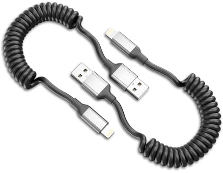 Coiled Lightning Cable [30cm-60cm], 2 Pack Short USB iPhone Charging Cable | 2.4A Retractable Fast Charging Cord for Apple Carplay, for iPhone 14 13 12 11 Pro Max 8 7 6 Plus X SE, Black-Grey