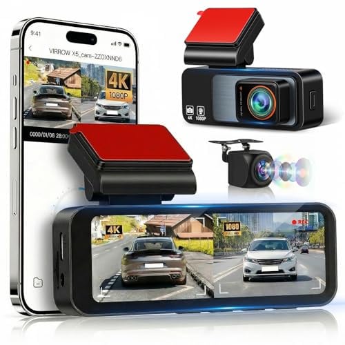 4K+1080P Dashcam Auto Fronte Retro con Scheda da 64 GB, LCD da 3,16 Dash Cam con GPS WiFi, Grandangolo da 150° Dash Cam Auto, Registrazione in Loop e Sensore G, Telecamera Posteriore Impermeabile