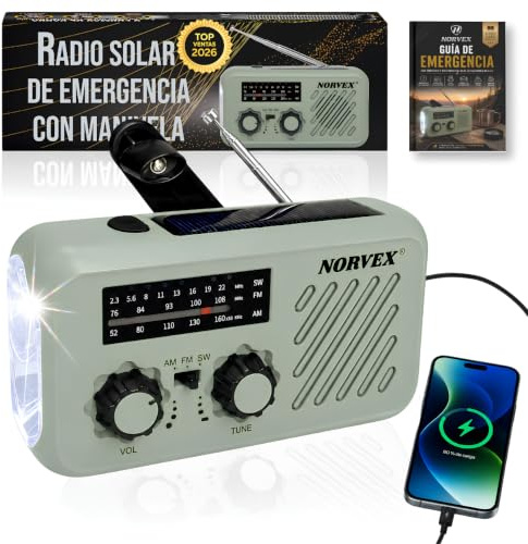 Radio Portatil Pequeña - Radio Solar de Emergencia con Manivela - Radio FM/Am/SW - Power Bank Solar 2000mAh - Linterna LED 4 Modos - USB-C/Solar/Dinamo