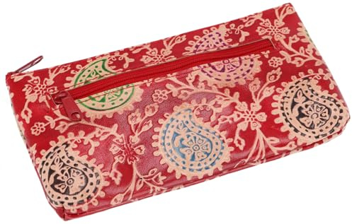 Mäppchen aus geprägtem Leder, Kosmetikbeutel, Federtasche, rot/bunt | 100 % Leder, zwei Reißverschlussfächer, ideal für Stifte und kleine Gegenstände, vielseitig einsetzbar