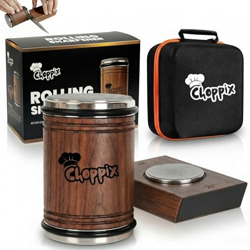 Choppix Rolling Knife Sharpener Walnut Wood Kit with Carry Bag | Detachable Magnetic Base #400 Grit Sharpening Stone, 15° & 20° Angle Guides, Diamond & Ceramic Honing Discs for Razor-Sharp Edges