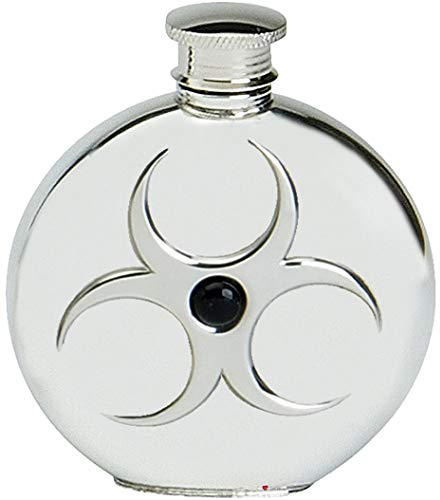 Pewter Round Flask Biohazard Embossed 6oz Engravable Screw Top