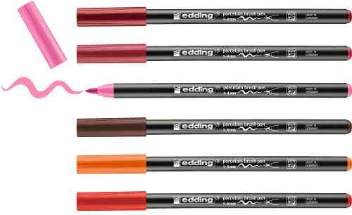 edding 4200 porcelain brush pen - 3x red, orange, brown, pink - 6 pens - brush nib 1-4 mm - felt-nib pen for painting and decorating ceramics, porcelain - dishwasher-safe, lightfast ink, quick-drying