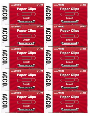 ACCO Paper Clips, Jumbo, Smooth, Economy, 10 Boxes, 100/Box (72580),Silver