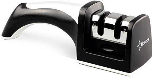 Premium Knife Sharpener by Harcas – No.1 Choice for Professional Chefs – 2 Stage Sharpening System. Quickly and Easily Sharpens Most Steel Kitchen Knives. Classic White