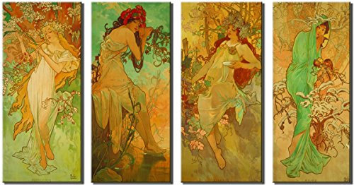 time4art Alphons Alfons Mucha Print Canvas 4 Bild 4 x 60x30cm Die Vier Jahreszeiten Jugendstils Kunst Leinwand