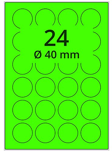 Farbige Etiketten auf A4 Bogen, neongrün - Ø 40 mm - 2.400 Papier Aufkleber auf 100 Blatt, selbstklebende Laser-Etiketten fluorisierend leuchtfarbig