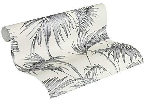 Livingwalls Vliestapete Metropolitan Stories Lola Paris Tapete mit Palmenprint in Dschungel Optik 10,05 m x 0,53 m grau metallic weiß Made in Germany 369192 36919-2