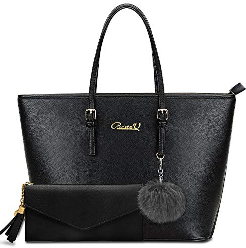 BestoU Handtasche Damen Elegant Umhängetasche Tasche Shopper Damen Schultertasche Große mit einer Geldbörse und Pelz Kugel Plüsch Schlüsselring Schwarz