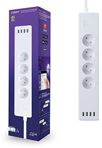 Strippy - Objet connecté - Multiprise connectée compatible Google home/Alexa - Prise UE – 4 prises & 4 prises USB – 220/240V – Protection enfant, contre la surcharge et la foudre