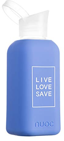 NUOC Botella de agua cristal, Botella de agua reutilizable, Botella de cristal con funda de silicona, bebidas Frías y Calientes, sin BPA (Azul electrico, 500 ml)