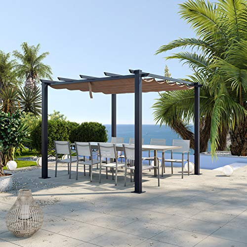 Tonnelle de Jardin - Pergola Aluminium 3x3 - Toile coulissante rétractable - Idéal en extérieur sur la terrasse - Traitement Anti-UV - Gris/Taupe - Ohio
