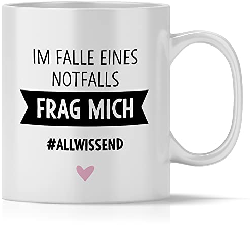 mindmonkeys® Tasse mit Spruch Im Falle eines Notfalles Frag mich Fun Tasse Geschenke für Klugscheisser Besserwisser fürs Büro Geschnekidee zum Geburtstag Jubiläum Bürotasse Keramik 300 ml