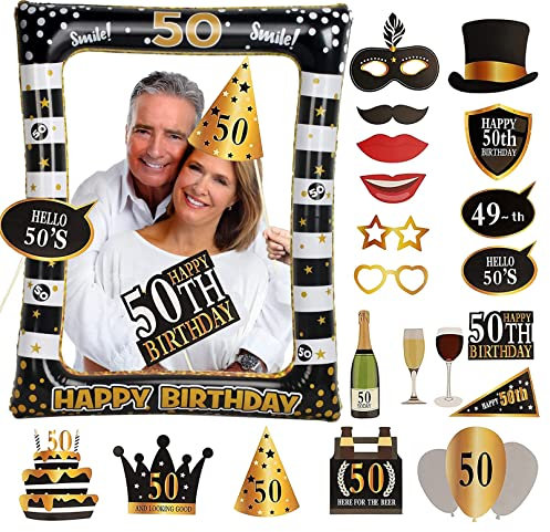 50th Birthday Photo Booth Frame, Inflatable Selfie Frame and 24 Pcs Photo Props - Black Gold Party Supplies for Ladies and Men - Fun Decorations