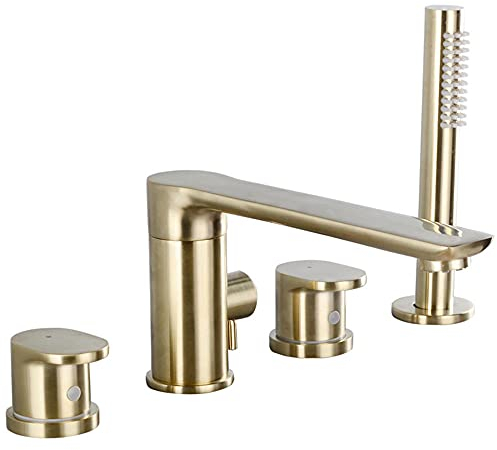 4-Loch Wannenrandarmatur Wannenkombination Wannenarmatur Gebürstet Gold Zwei Griffe Wasserhahn Badewanne Armatur Badewannenarmatur mit Ausziehbarem Handbrause 180 Dreh Kalt und Kalt