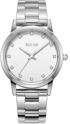 BURKER Damenuhr Amy, Runder Damen Armbanduhr mit Zirkonia Gliederarmband Edelstahl Analog Quarz 3-ATM Wasserdicht - 32 mm - Silber Weiß
