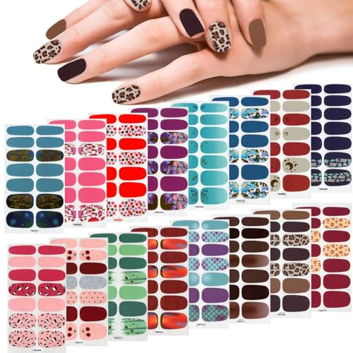 YJHAT 16 Sheets Leopard Full Nail Polish Strips, Self Adhesive Gel Nail Wraps with Nail File, No UV Lamp Needed Nail Art Decals for Women Girls Manicure Decoration