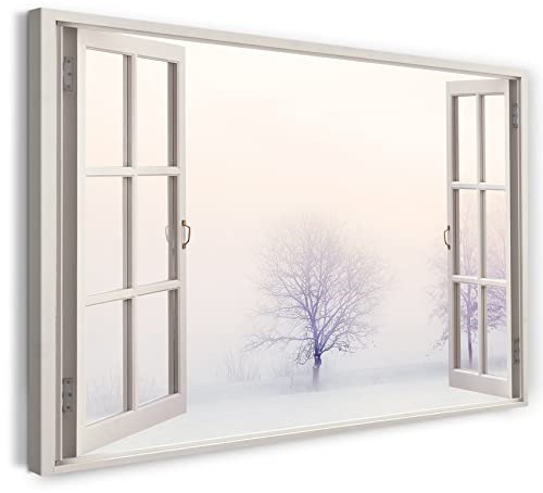 Printistico Bilder Fensterblick 120x80cm Baumwoll-Leinwand auf Keilrahmen mit Aufhänger moderner Kunstdruck XXL Wandbilder Wand-Dekoration Winter Schnee Nebel Natur Bäume - Natur-Fotografie
