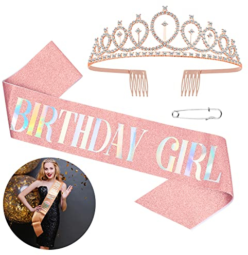 Pinsheng Birthday Geburtstag Geburtstagskrone Schärpe Prinzessin Krone Rose Gold Geburtstag Tiara Crown Frauen Mädchen Geburtstag Tiara für Geburtstag Geschenk, Party Zubehör und Party Dekorationen
