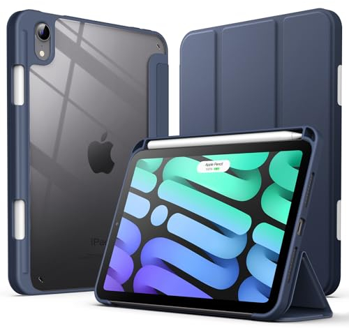JETech Case for iPad mini (A17 Pro, 2024 Model, 7th Generation) / mini 6 (2021 Model, 6th Generation) with Pencil Holder, Clear Back Shell Slim Stand Tablet Cover, Auto Wake/Sleep (Navy)
