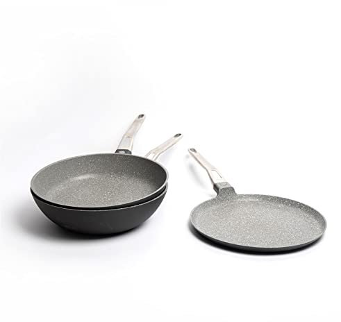 MasterClass Set of Cast Aluminium Non-Stick Wok 28cm, Fry Pan 28cm, Crepe Pan 28cm