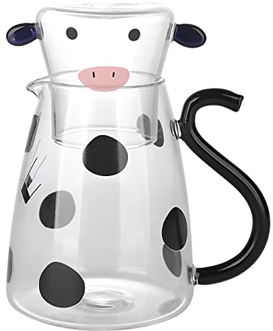 Jetcloud Glass Water Jug with Tumbler 500ml V-Shaped Spout Heat Resistant Cute Clear Cow Glass Pitcher Portable Bedside All in One Carafe and Cup Set for Tea Milk Water Coffee