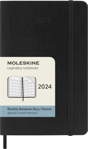 Moleskine Monatsplaner 12 Monate 2024, Planer 2024, Taschenformat 9x14, Weicher Einband und elastischer Verschluss, Farbe Schwarz