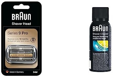 Braun Tête de rasoir électrique Series 9 Pro, pièce de rasage de rechange compatible avec le rasoir pour homme Series 9 Pro, 94M, chrome & Spray nettoyant pour rasoir, 100 ml