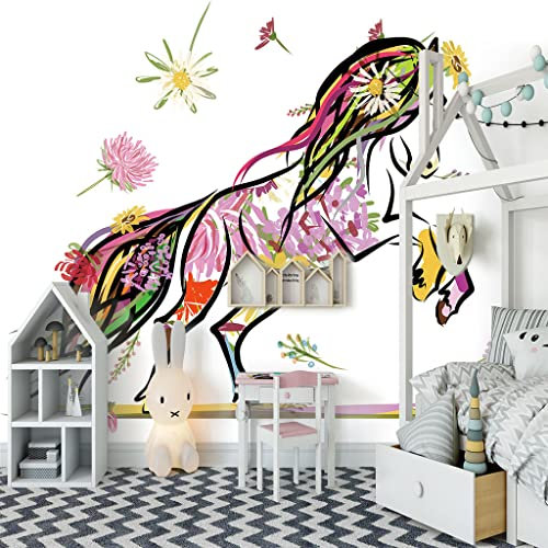 Fototapete 3D Effekt Kinderzimmer Blumen & Pferde Größe:W250CMxH175CM Tapeten Vliestapete Wohnzimmer Wandbilder Wanddeko