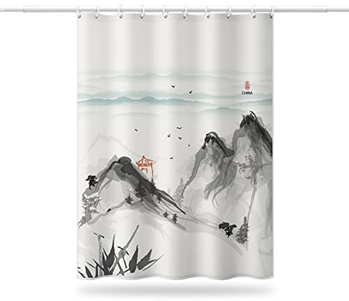 Dsnyu Cortina de ducha de tela, color blanco y gris, extra ancha, 96 x 78 pulgadas, cortina de ducha de poliéster con pintura de paisaje chino