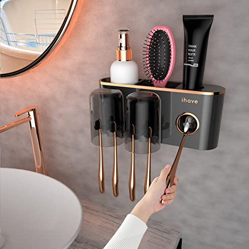 iHave Zahnbürstenhalter mit Zahnpastaspender – Badezimmer Organizer mit 2 Zahnputzbecher, Wandmontage Toothbrush Holder, Badezimmer Zubehör,Schwarzes Gold