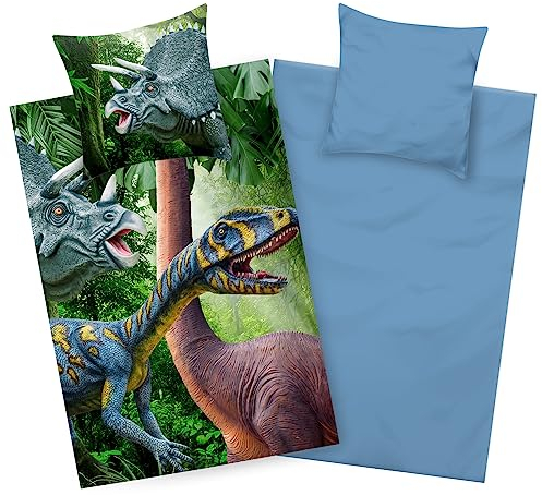 Aminata kids Dino Bettwäsche 135x200 Kinder-Bettwäsche Dinosaurier-Motiv Baumwolle Jungen mit Reißverschluss blau bunt weich