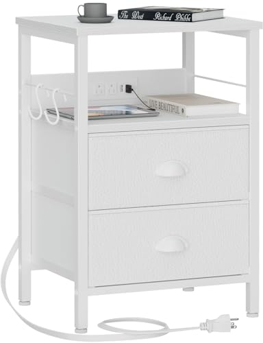 Furologee End Table with Charging Station, Nightstand with Fabric Drawers, Side Tables with USB Ports & Outlets, Night Stand with Storage Shelf & Hooks, for Living Room/Bedroom, White
