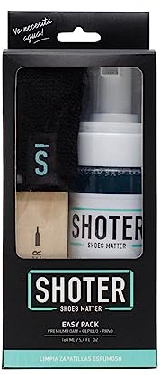 SHOTER - Kit Limpieza de Zapatillas - Espuma limpiadora de zapatos - Incluye Limpiador en espuma sin aclarado 160ml, cepillo y toalla de microfibra - Easy Pack absorbe la suciedad del calzado