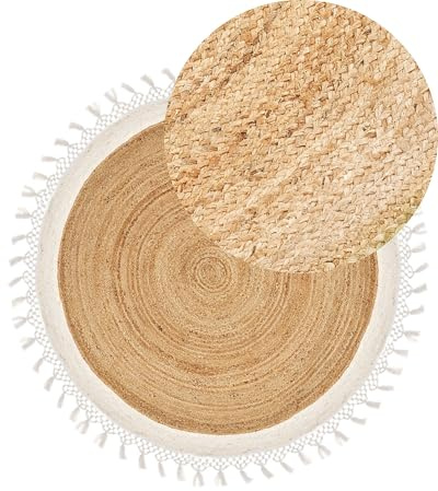 Beliani Rustikale Boho Teppich Rund 140 cm Natürliche Jute Handgeflochten Beige und Weiß Marts
