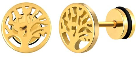 INFINIONLY Homme Femme Boucles d'oreilles en Acier Inoxydable Clous et puces d'oreilles d'arbre de vie pour Garçon Fille Bijoux fantaisie Oreilles Percées Mode Bouchons d'oreilles à vis, Or