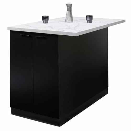 IDMarket - Ilot central IVO 120 cm madera negra con encimera efecto mármol ALASKA