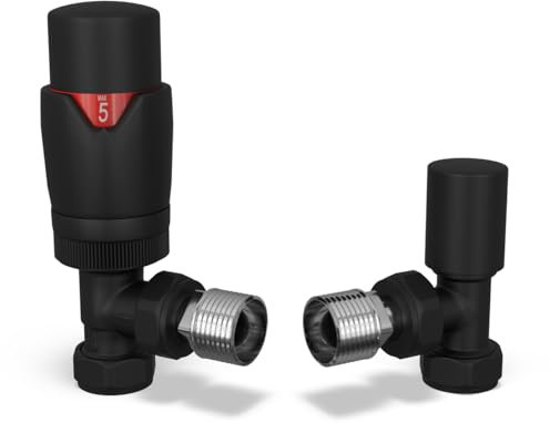 UK Radiators Thermostatic Radiator Valve (TRV) 15mm Angled Lockshield Valve in Deep Matt Black Colour - Energy Saving 1/2 x 15mm Brass Angled Radiator Valve